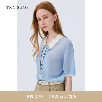 TKYSHOP薄款翻领短袖针织开衫