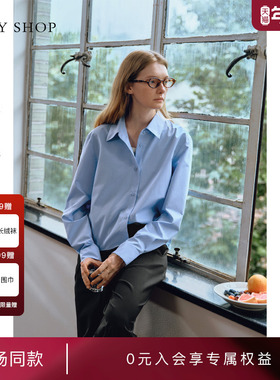 [商场同款]TKY SHOP蓝色短款衬衫女长袖休闲叠穿上衣10I1NA04N065