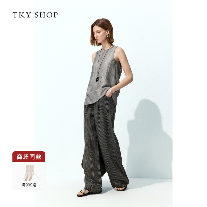 TKYSHOP100%亚麻休闲阔腿长裤女