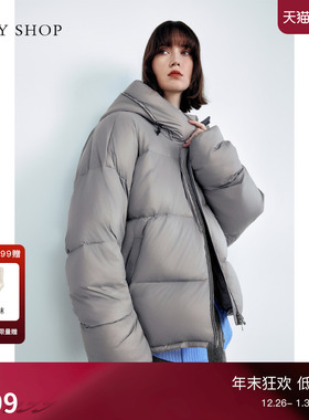 TKY SHOP连帽短款羽绒绒服女冬季保暖加厚外套灰色减龄气质鹅绒服