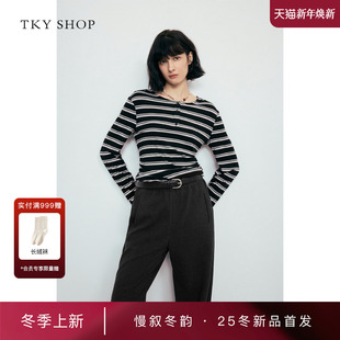 长袖 SHOP抽褶条纹T恤2025冬新款 TKY 上衣10I1NA01P011 商场同款