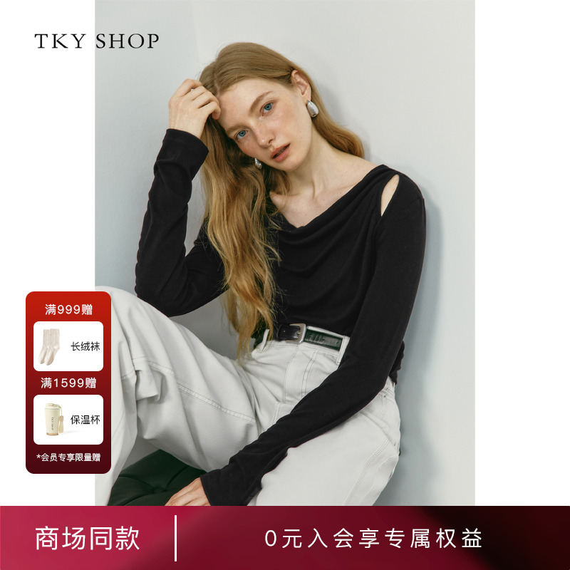 TKYSHOP黑色荡领长袖T恤