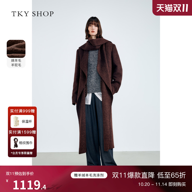 TKYSHOP带围巾绵羊毛大衣ROW风