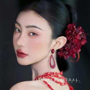 新中式新娘发饰复古焦边红色花朵发钗旗袍晨袍敬酒服发簪头饰配饰