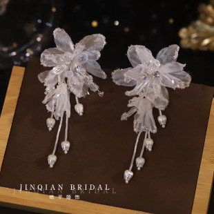 新款 仙美梦幻碎钻透明白纱花瓣新娘结婚耳饰影楼写真旅拍日常配饰