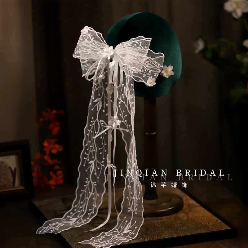 新款白色蕾丝蝴蝶结飘带发夹新娘仙美少女造型结婚纱礼服跟妆头饰