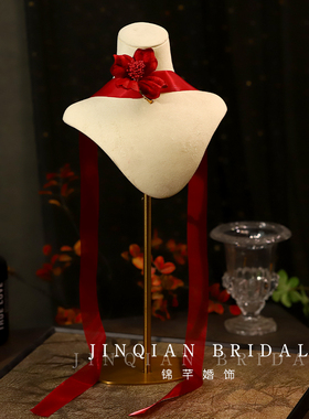 复古红色花朵丝带敬酒颈链