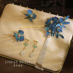 新中式新娘头饰绒花减龄晨袍旗袍流苏发簪发饰秀禾服汉服婚礼饰品