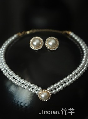 优雅复古法式宴会珍珠项链女锁骨链新娘结婚配饰婚纱礼服镶钻耳环
