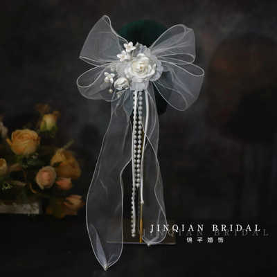 新款森系仙美花朵珍珠大蝴蝶结发夹头饰婚纱礼服后脑勺高级感配饰