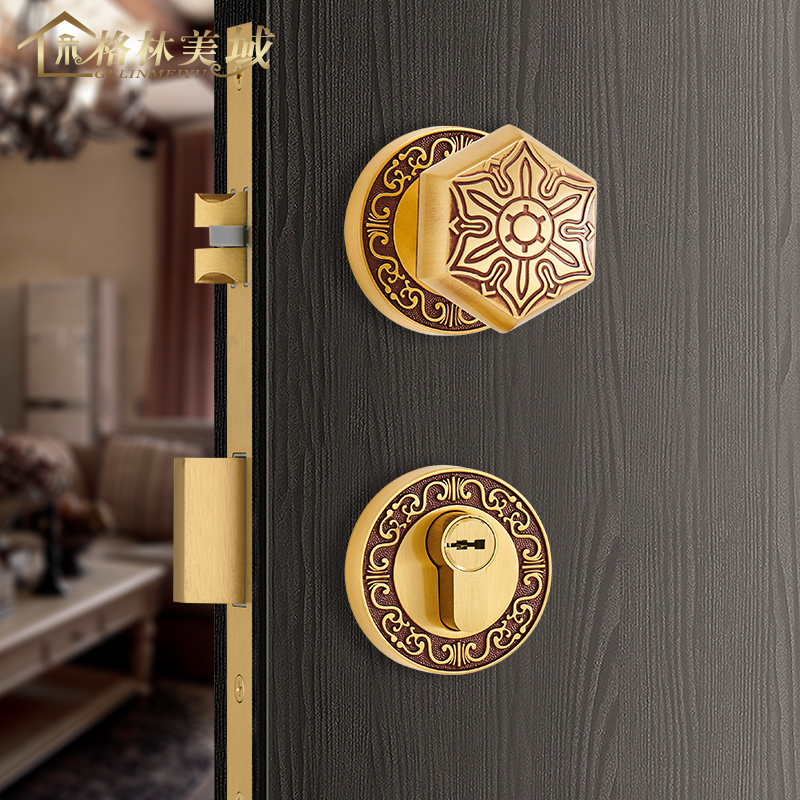 欧式黄铜仿古分体式球型室内木大门锁铜静音别墅卧室房门锁