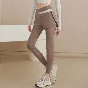 假两件高腰收腹运动裤女款瑜伽裤健身裤速干长裤拼色瑜珈服跑步裤