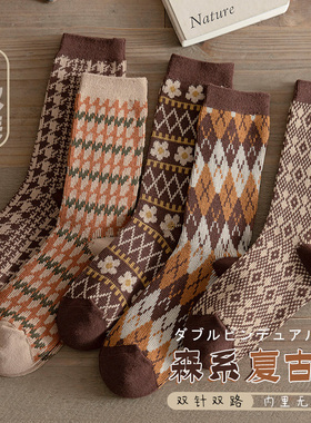 长袜子女秋冬季双针双路棉袜女中筒袜ins潮复古民族风森系高筒袜