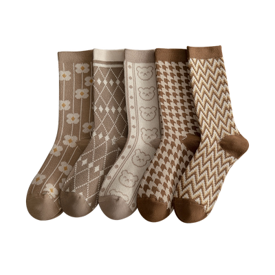 费尔岛双针双路袜子女秋季棉袜女中筒袜复古风民族风长袜ins潮