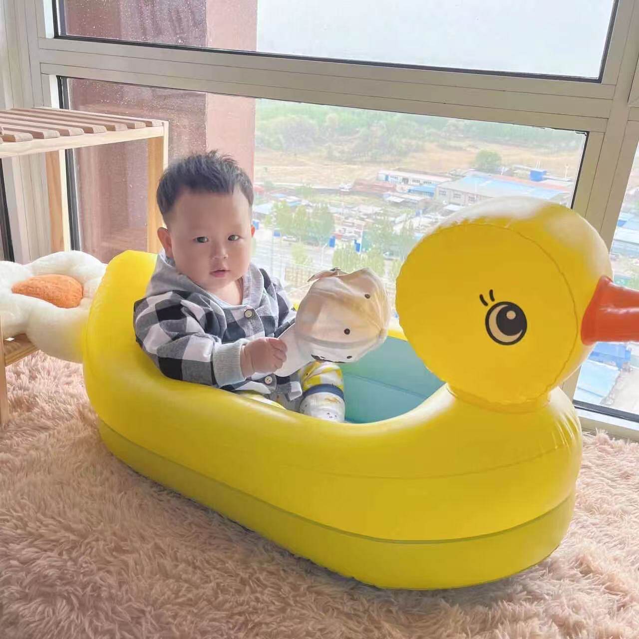 茵菲儿童小黄鸭充气床玩具游泳池带浮床卡通可折叠躺椅漂浮