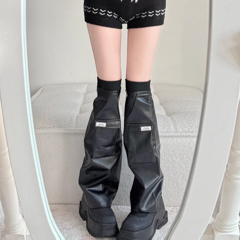pu皮袜套y2k口袋标签设计秋冬腿套堆堆袜ins潮甜美过膝jk朋克腿套