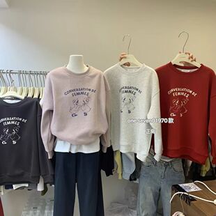 sevengrass韩系卡通印花正肩卫衣女宽松休闲百搭圆领上衣多色加绒