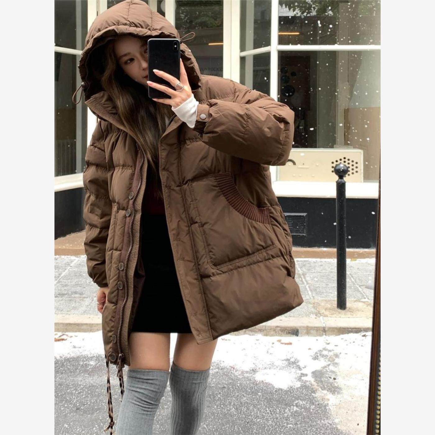 羽绒服女款2024冬季新款 韩版连帽拼接色面包服长款冬季时尚外套