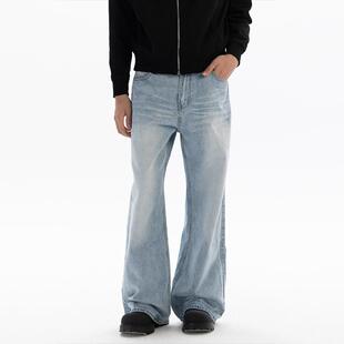 1901 美式复古浅蓝色猫须做旧廓形牛仔裤直筒微喇vibe裤子男女潮