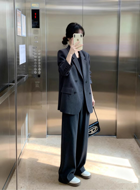 今年流行特惠3005胖mm流行灰色西装套装裤女春秋大码女装通勤气质