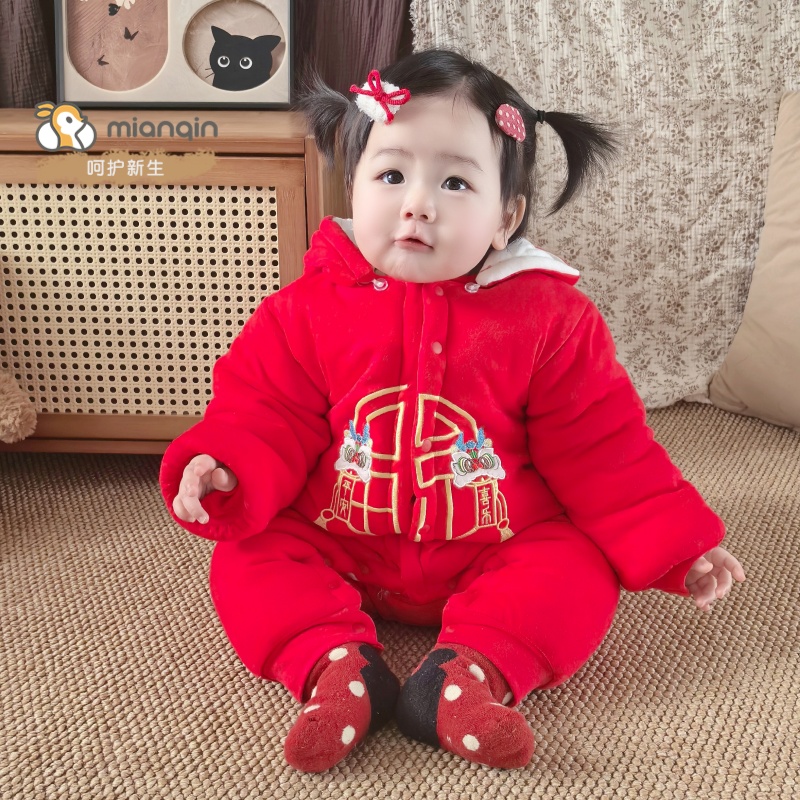 婴儿新年装冬季300g纯棉棉服宝宝醒狮拜年服带帽连体衣国潮婴儿服