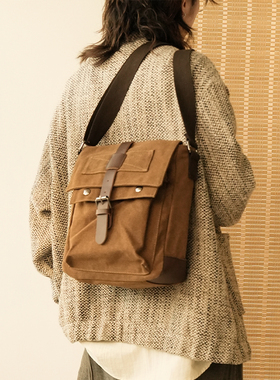 贰狸手作时尚男包休闲复古帆布单肩包男通勤轻便迷你小号斜挎包男