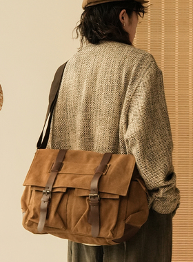 贰狸手作复古帆布邮差包男女学生大容量旅行包单肩休闲斜挎背包