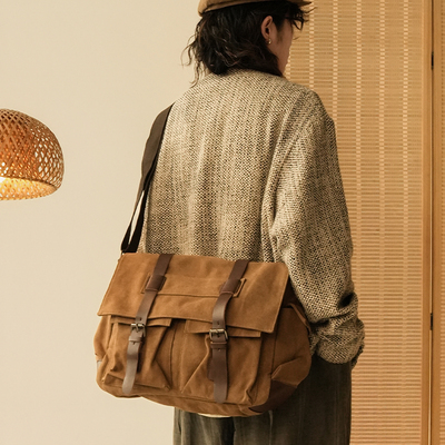 贰狸手作复古帆布邮差包男女学生大容量旅行包单肩休闲斜挎背包