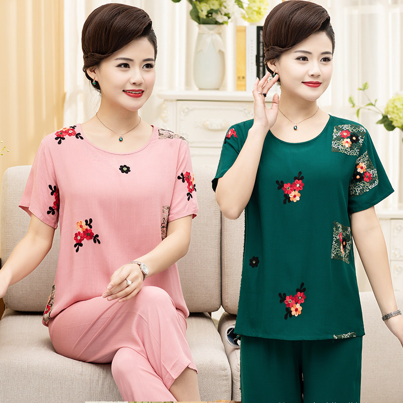 中老年棉绸睡衣女夏季薄款短袖两件套装绵绸人造棉绣花妈妈家居服