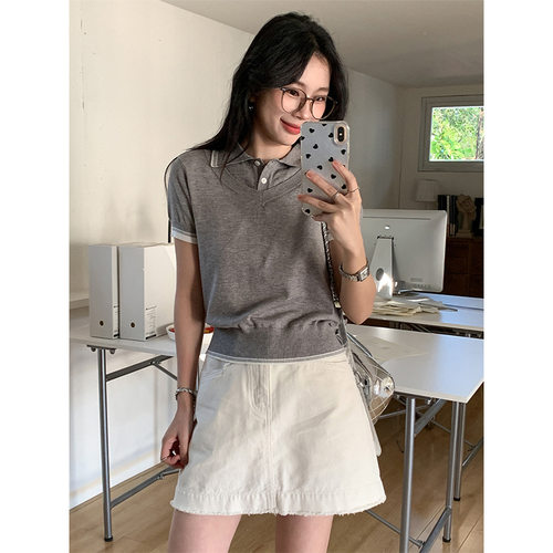 花灰POLO领假两件设计针织短袖女夏季纯欲小个子百搭修身打底上衣