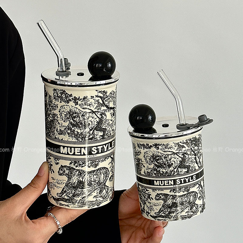 中古风黑虎啸山林陶瓷手握杯带盖吸管杯水杯大容量咖啡杯奶茶杯子