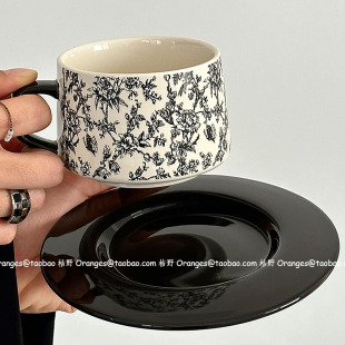 Oranges限定中古风墨黑蝶念花咖啡杯碟下午茶水杯拿铁杯小众礼物