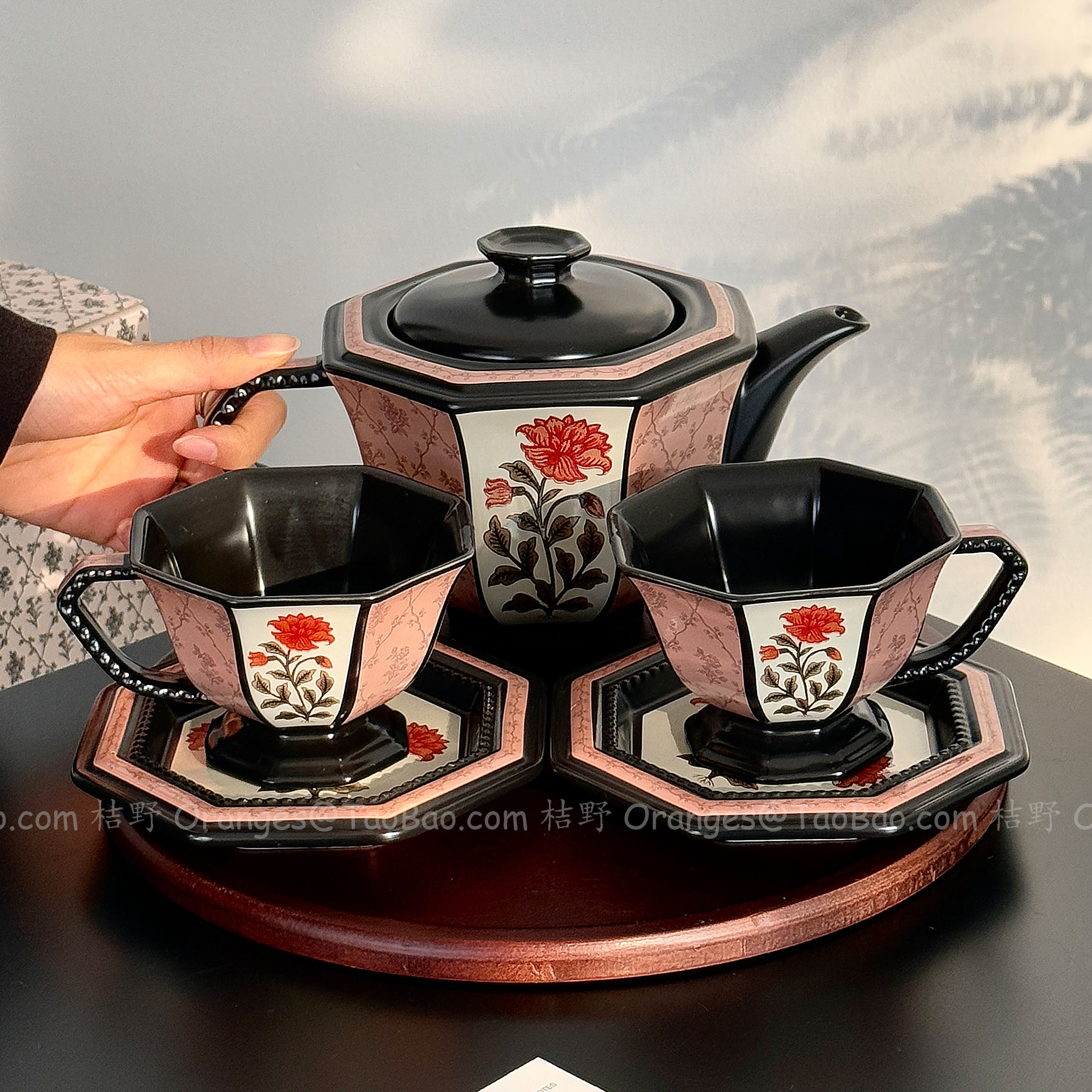 中古风牡丹花窗陶瓷茶壶杯碟套装