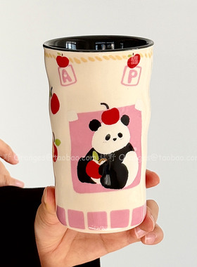 Oranges限定趣萌果粉噗噗熊手握杯大容量陶瓷水杯咖啡杯小众礼物