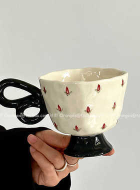 Oranges中古风手作蝴蝶把小碎花马克杯咖啡杯陶瓷水杯子小众礼物