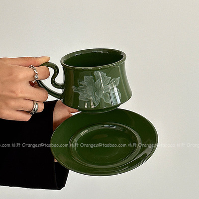 Oranges中古风橄榄绿手绘雾花咖啡杯碟拿铁杯下午茶水杯小众礼物