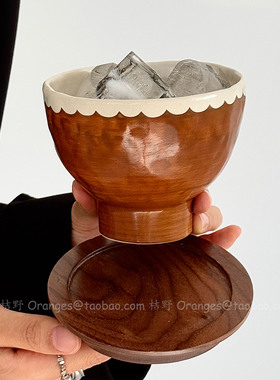 Oranges复古手作栗棕花边咖啡杯陶瓷马克杯日式拉花拿铁杯子礼物