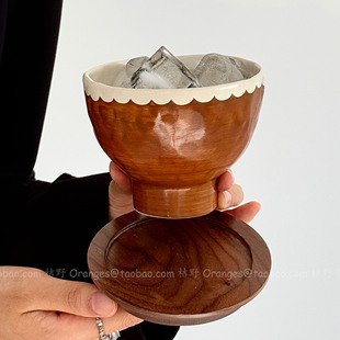 Oranges复古手作栗棕花边咖啡杯陶瓷马克杯日式 拉花拿铁杯子礼物