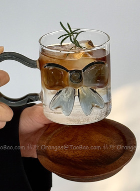 Oranges立体灰色蝴蝶结玻璃杯耐热牛奶杯大容量水杯咖啡杯饮品杯