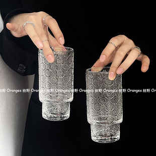 小众中古海棠花浮雕可叠玻璃杯复古冰美式咖啡杯气泡水杯果汁杯子