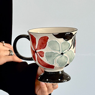 Oranges复古手绘浮雕繁花马克杯大容量水杯中古风陶瓷杯小众礼物