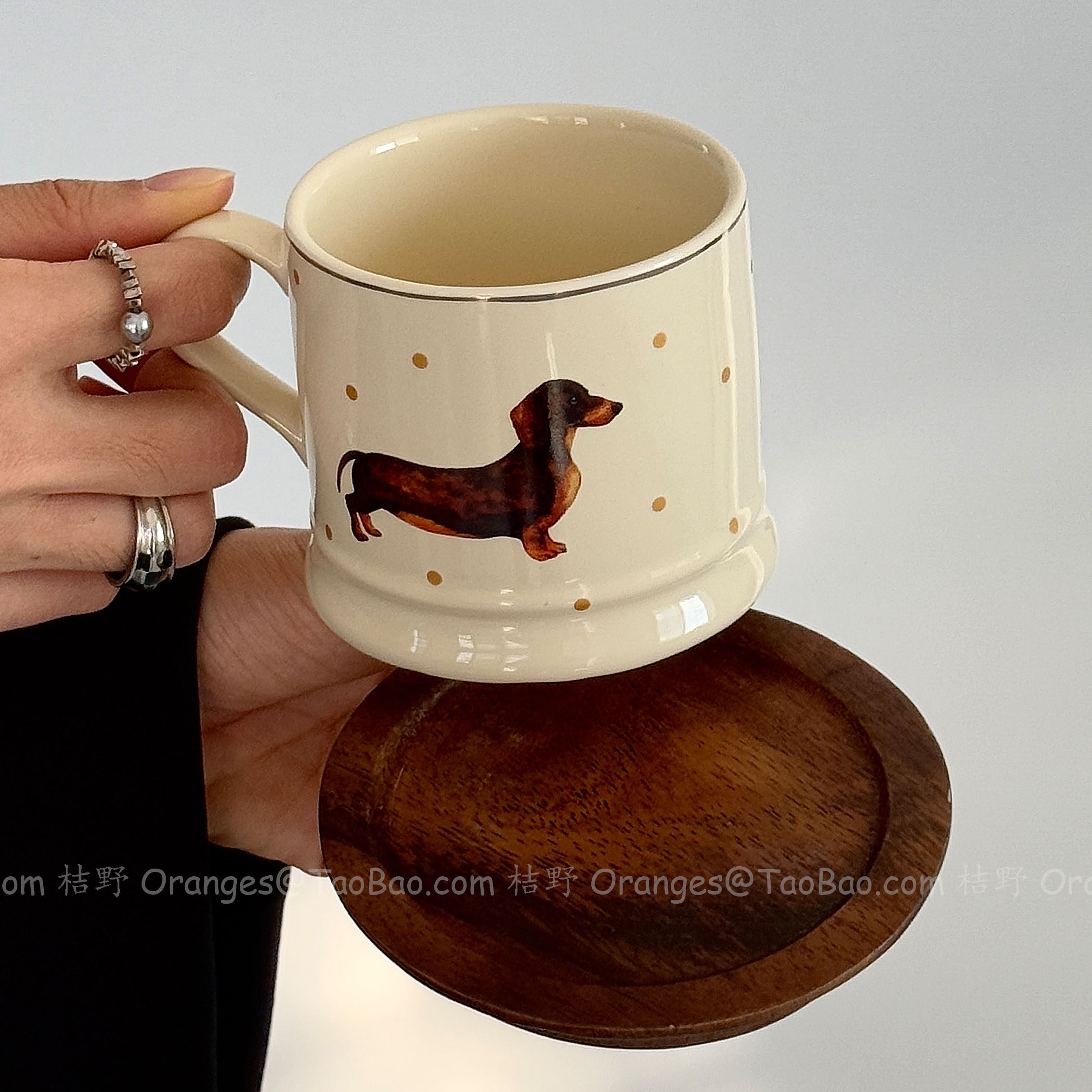 Oranges复古波点腊肠萌犬马克杯大容量水杯陶瓷杯咖啡杯小众礼物
