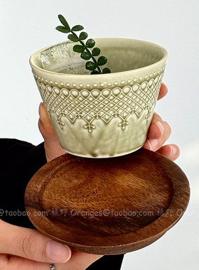 Oranges复古窑变薄荷绿浮雕格纹陶瓷手握杯咖啡杯拉花拿铁杯礼物