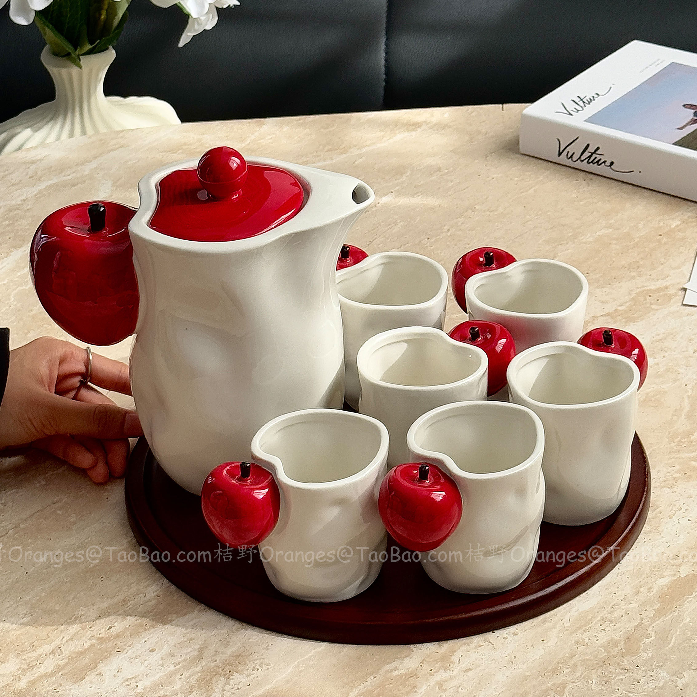 复古红立体苹果陶瓷水具套装水杯