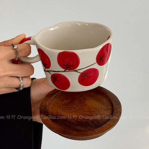 复古手绘柿子陶瓷马克杯咖啡杯子