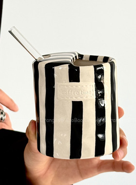 Oranges复古黑手绘条纹陶瓷杯手握杯咖啡杯奶茶杯水杯果汁杯礼物