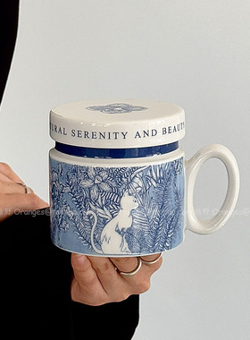 新中式青花猫陶瓷杯带盖马克杯大容量水杯耐热茶杯咖啡杯小众礼物