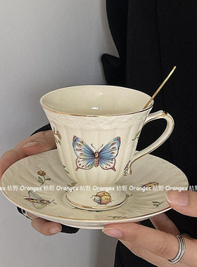 法式复古下午茶杯碟咖啡杯昆虫蜻蜓蝴蝶小碎花陶瓷杯套装 vintage