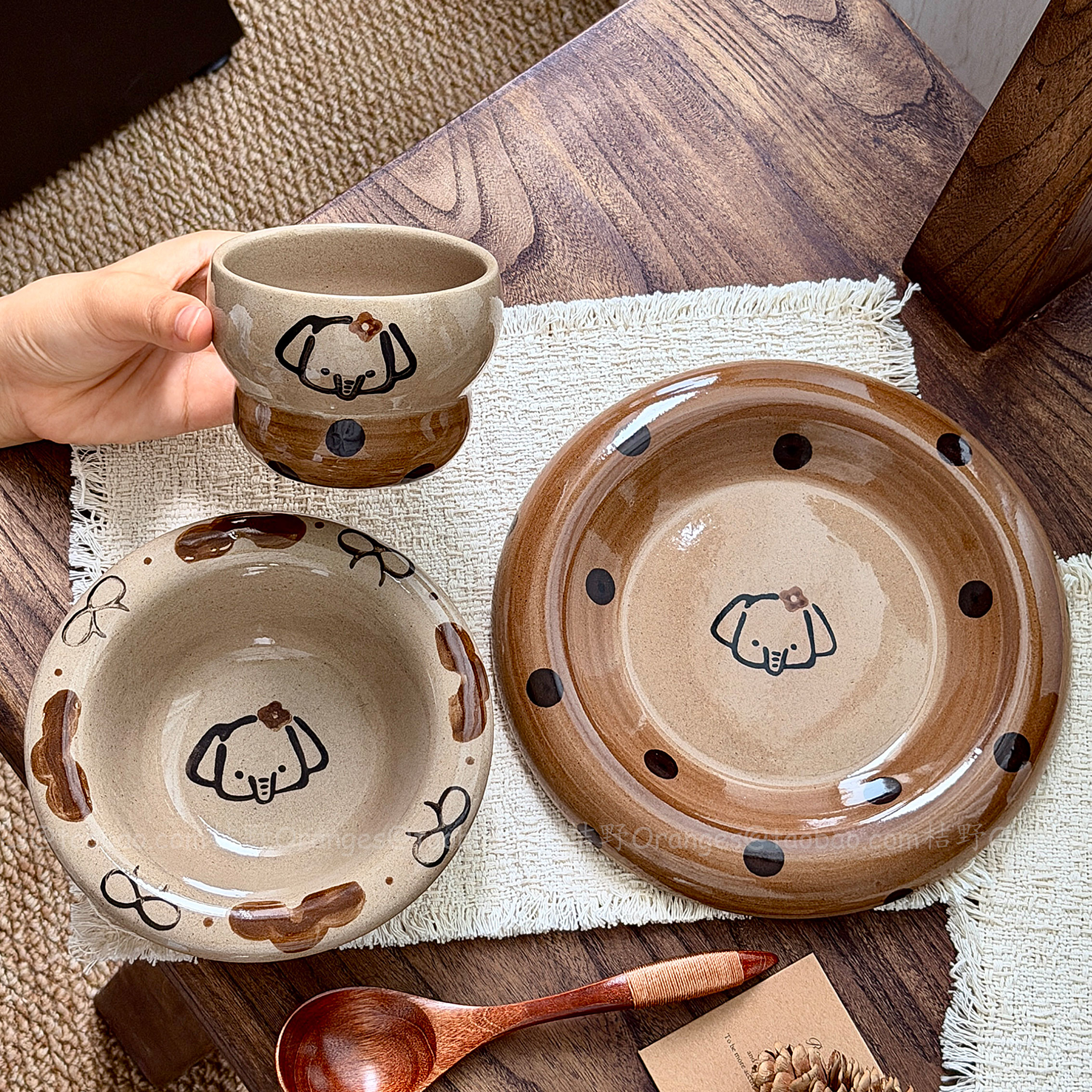 手作复古原土小象釉下彩小象餐具