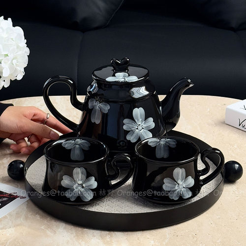 中古风手绘雾花陶瓷水具套装茶壶